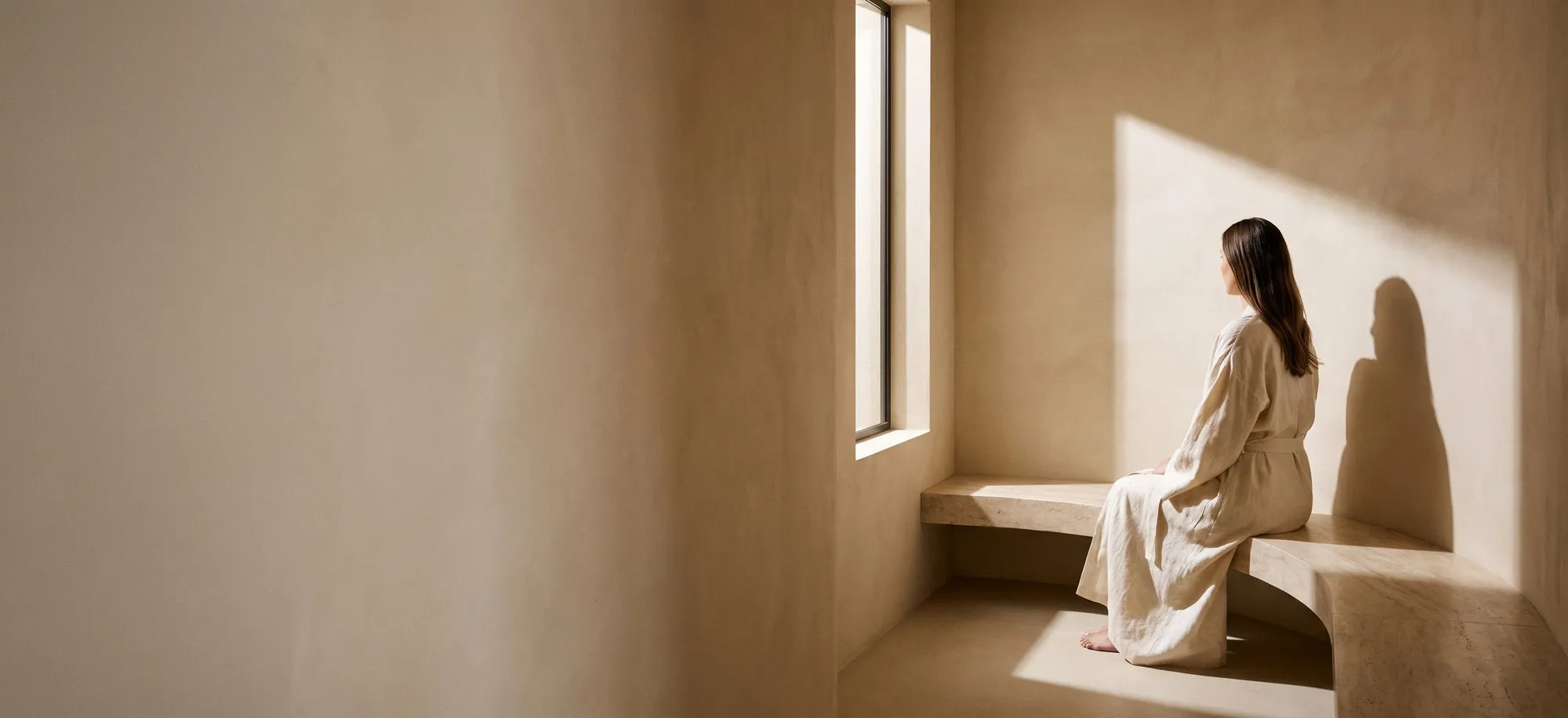 Interior sereno de gesso em tons quentes: uma mulher de linho sentada em um banco curvo, sob luz natural lateral