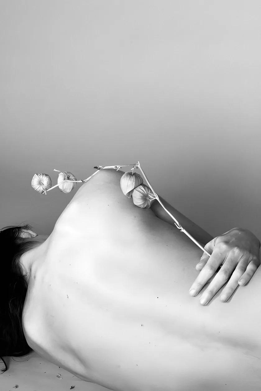 Fotografia em preto e branco: uma mão pousada com delicadeza sobre as costas de uma pessoa, com um ramo seco repousando sobre o ombro